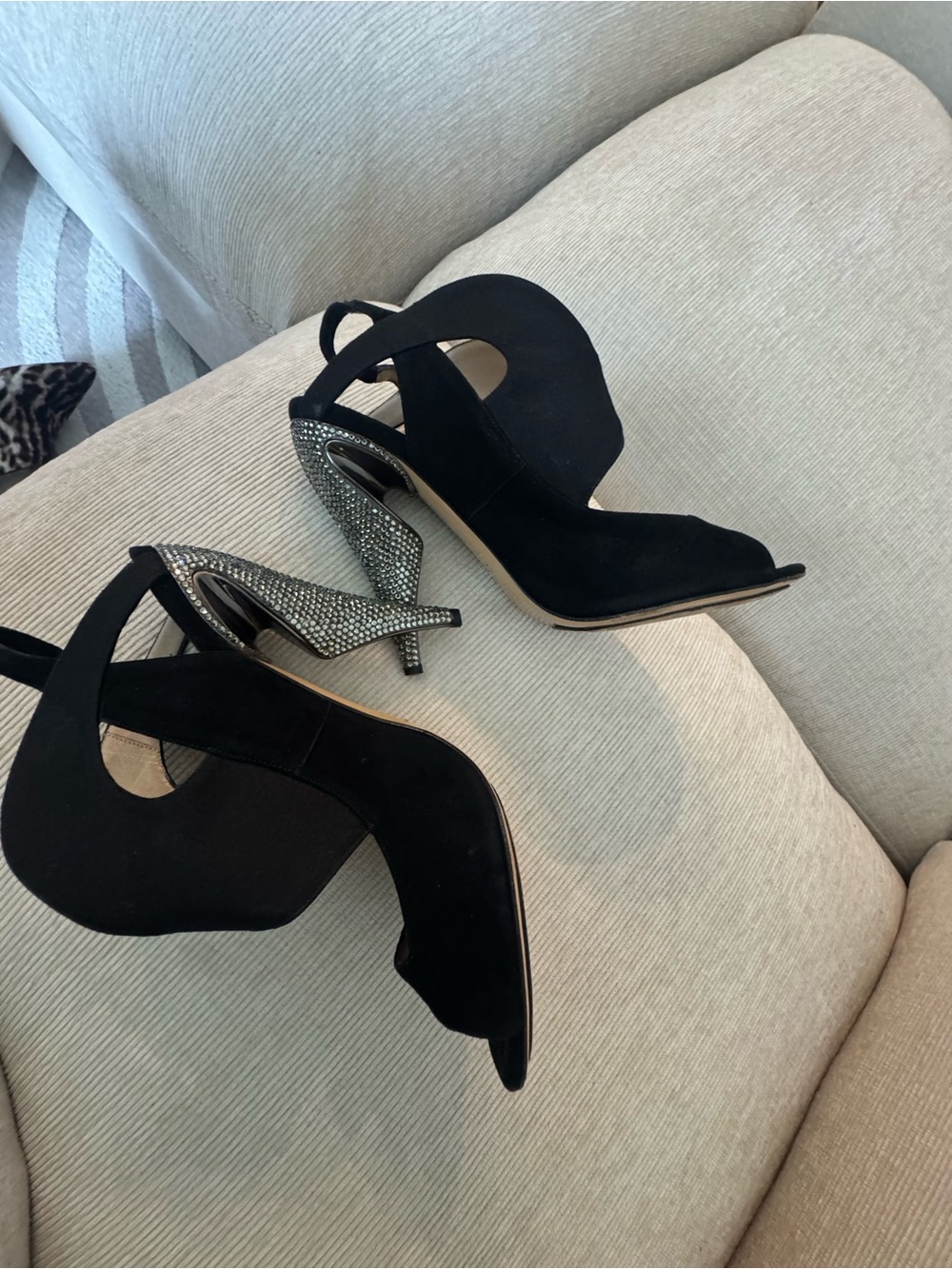 Nicholas Kirkwood Black Suede Slingback Heels with Crystal-Embellished Heel